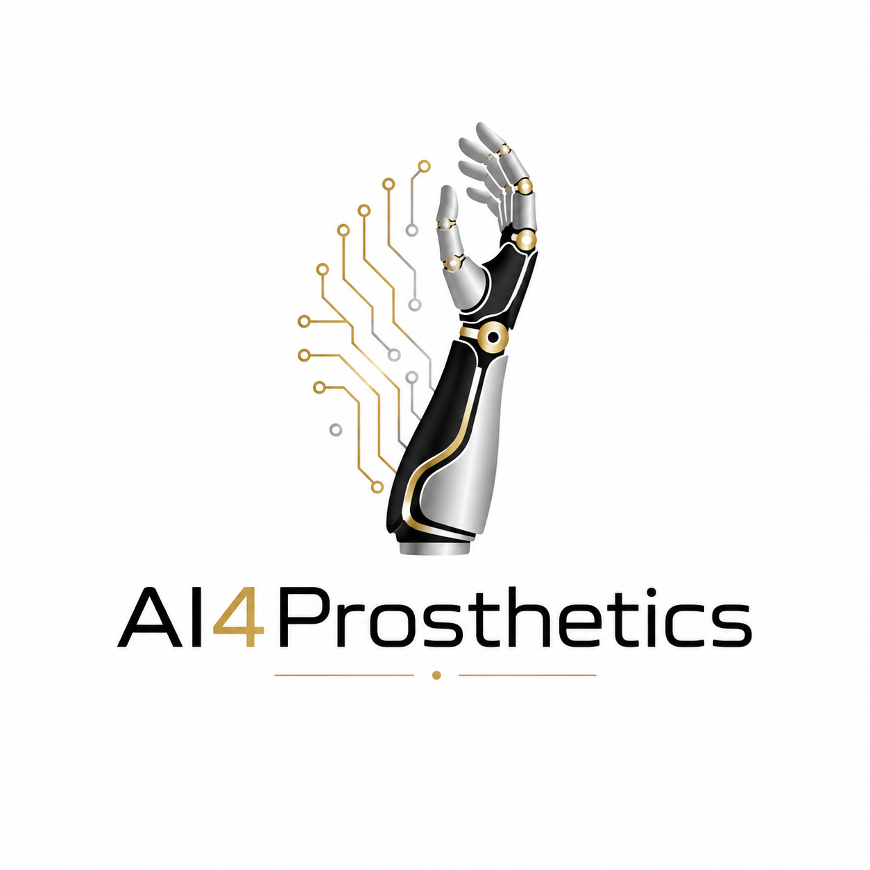 AI4Prosthetics robotic arm logo with gold circuit lines representing prosthetic AI technology